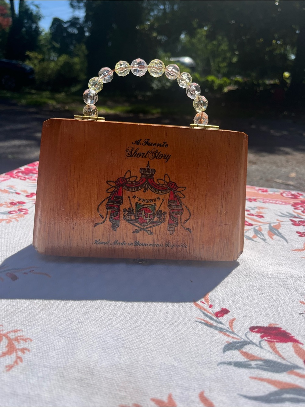Vintage Wooden Cigar Box Bag with Crystal Bead Handle - Brown